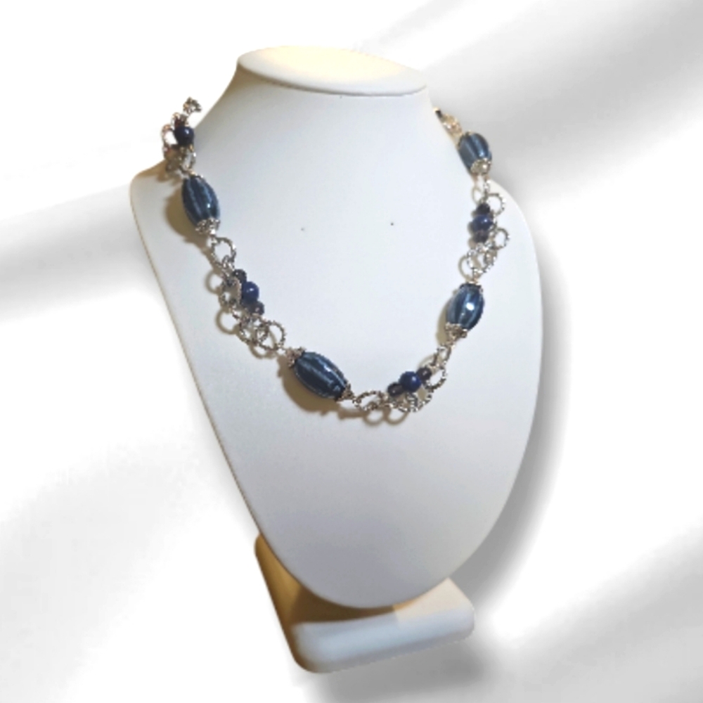 Rare Find Vintage Lapis Lazuli & Calsilica Handcrafted and Engraved Necklace